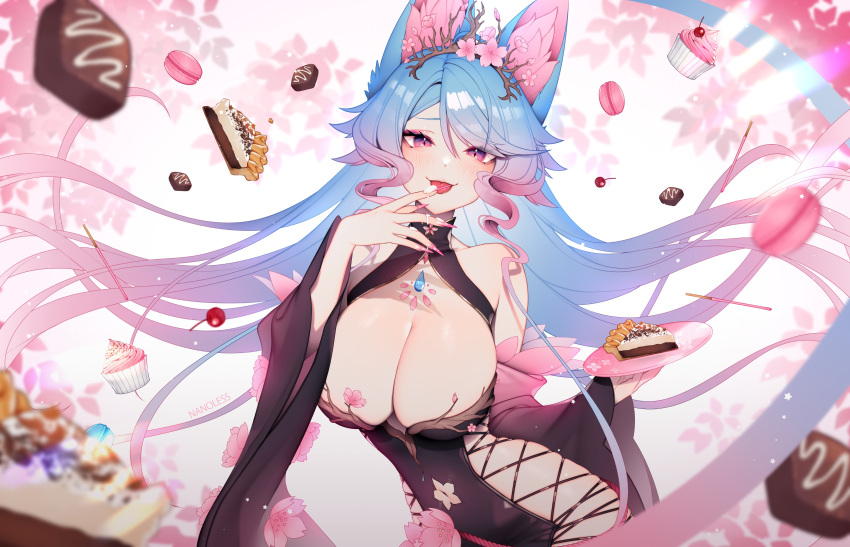 1girl absurdres animal_ears bare_shoulders blue_hair breasts commentary cupcake detached_sleeves english_commentary food fox_ears fox_girl gradient highres large_breasts long_hair looking_at_viewer multicolored_hair nanoless navel pie pink_hair silvervale solo tongue tongue_out two-tone_hair very_long_hair virtual_youtuber vshojo
