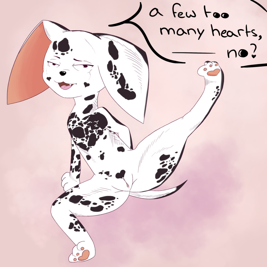 &lt;3 1:1 absurd_res anthro big_ears canid canine canis dalmatian domestic_dog female genitals heart_(marking) hi_res looking_at_viewer mammal onionjam open_mouth pawpads pussy short_tail solo speech_bubble spread_legs spreading text