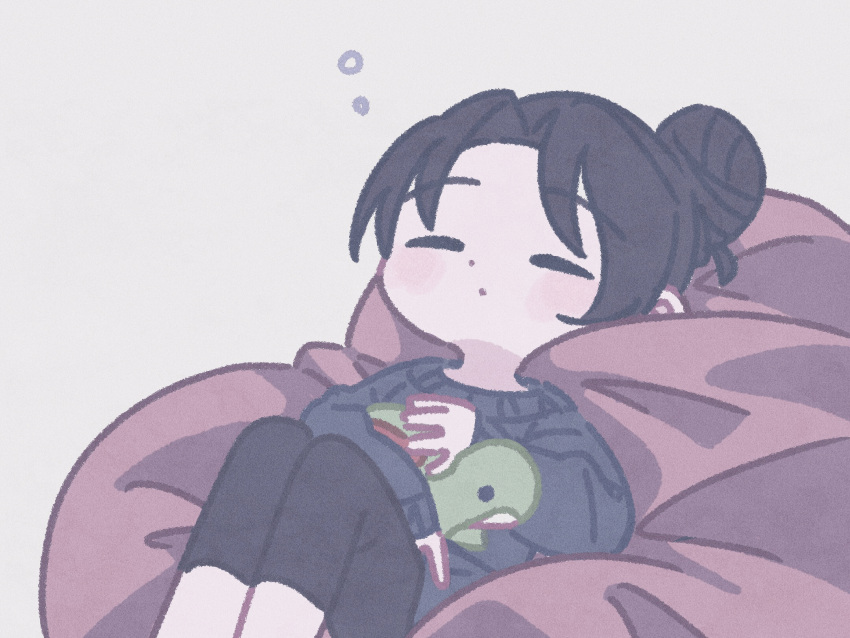 1girl apex_legends bean_bag_chair black_hair black_legwear black_sweater blush cfcult7825 chibi closed_eyes grey_background hair_behind_ear hair_bun highres holding holding_stuffed_toy leggings nessie_(respawn) sleeping solo stuffed_toy sweater wraith_(apex_legends)