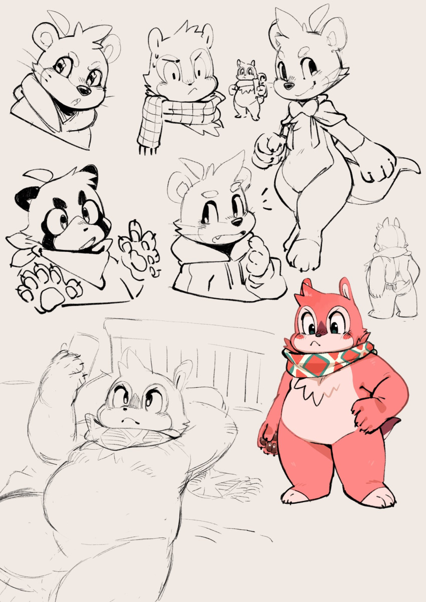 2022 apricotsammi bed biped canid canine clothing furniture hi_res hoodie humanoid_hands lutrine lying mammal multiple_poses mustelid pose raccoon_dog rodent scarf sciurid sketch slightly_chubby solo tanuki topwear