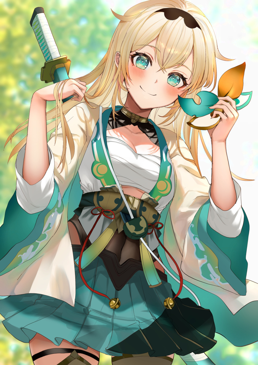 1girl absurdres alternate_hairstyle bangs blonde_hair chest_sarashi covered_navel cowboy_shot crossed_bangs frq4_h green_eyes green_skirt hair_between_eyes hairband hand_in_hair haori highres holding_hair_ornament hololive japanese_clothes katana kazama_iroha kimono long_hair looking_at_viewer pleated_skirt sarashi skirt smile solo sword thigh_strap weapon weapon_on_back white_kimono wide_sleeves