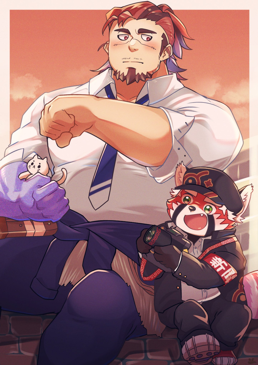 2boys armband bags_under_eyes bara blue_necktie boogeyman_(housamo) brown_hair camera cat colored_skin dawn facial_hair gakuran goatee green_eyes hat highres long_sideburns looking_at_another male_focus multicolored_hair multiple_boys muscular muscular_male necktie purple_skin red_eyes red_panda_boy red_panda_ears red_panda_tail sawch_cls scar scar_on_face school_uniform sideburns thick_eyebrows tokyo_afterschool_summoners two-tone_hair zhurong_(housamo)