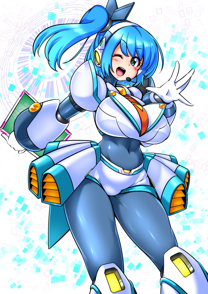 1girl absurdres android armor bangs blue_eyes blue_hair blush bodysuit breasts eyebrows_visible_through_hair headphones highres holding large_breasts long_hair looking_at_viewer mega_man_x_dive navigator open_mouth rico_(mega_man) ryoi short_hair shorts side_ponytail smile solo