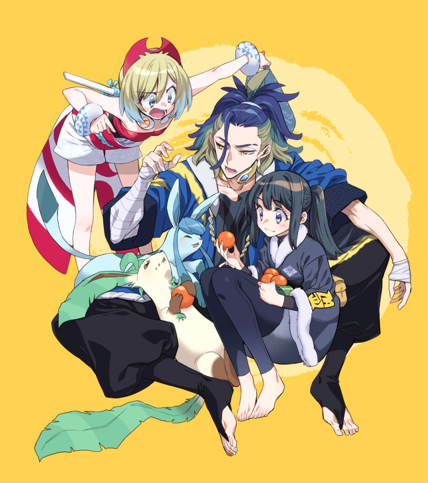 1boy 2girls adaman_(pokemon) akari_(pokemon) berry_(pokemon) black_hair blonde_hair blue_hair diamond_clan_outfit feeding galaxy_expedition_team_survey_corps_uniform glaceon highres irida_(pokemon) jewelry leafeon leaning_forward multicolored_hair multiple_girls neck_ring pokemon pokemon_(creature) pokemon_(game) pokemon_legends:_arceus ponytail short_shorts shorts sitting sitting_on_lap sitting_on_person takanashi_ringo two-tone_hair waist_cape white_shorts