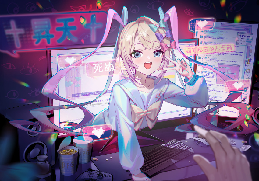 bangs blunt_bangs bow chouzetsusaikawa_tenshi-chan chromatic_aberration collarbone controller cup_ramen dress drugs eyebrows_visible_through_hair hair_bow heart highres holographic_clothing icon_(computing) internet iridescent keyboard_(computer) large_bow mio-muo1206 monitor mouse_(computer) multicolored_nails multiple_hair_bows needy_girl_overdose outstretched_arm pill pin pleated_dress quad_tails sidelocks silver_hair speaker translation_request v water window_(computing) windows_desktop