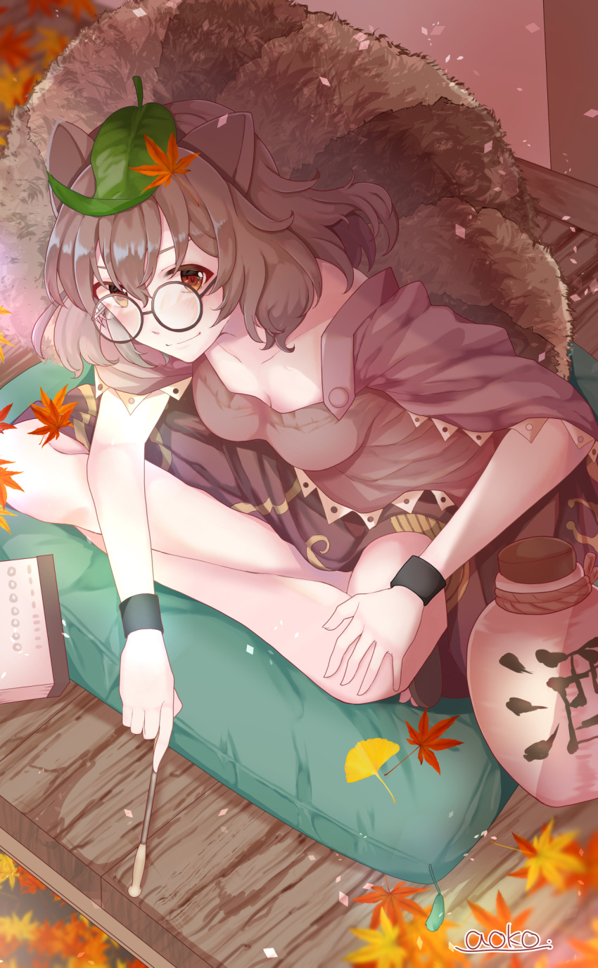 1girl animal_ears aoko_(myut7287) autumn_leaves bangs barefoot black_bracelet blush breasts brown_eyes brown_hair brown_shirt brown_skirt brown_tail cleavage collarbone commentary_request frilled_shirt frilled_skirt frills futatsuiwa_mamizou glasses hair_ornament hand_on_own_leg happy highres holding holding_pipe indian_style kiseru leaf leaf_hair_ornament leaf_on_head looking_at_viewer medium_breasts medium_hair pipe raccoon_ears raccoon_tail round_eyewear shirt short_sleeves sitting skirt smile tail tanuki ten_desires touhou