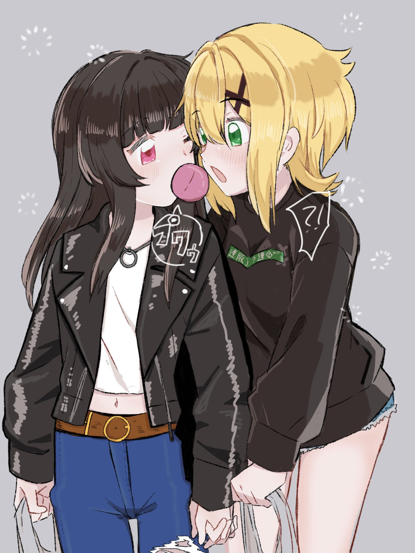 !? 2girls akatsuki_kirika bag bangs belt black_hair black_jacket black_sweater blonde_hair brown_belt chewing_gum denim flat_chest grey_background highres holding holding_bag holding_hands jacket jeans leather leather_jacket long_hair monato_(monato2033) multiple_girls navel open_mouth pants senki_zesshou_symphogear short_hair sweater tsukuyomi_shirabe yuri