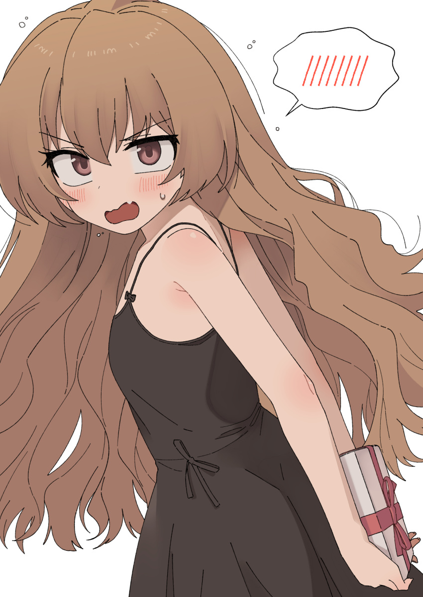 1girl aisaka_taiga armpit_crease arms_behind_back back bangs bare_shoulders black_dress blush bow_dress brown_eyes collarbone dress dutch_angle eyebrows_visible_through_hair fang flat_chest from_side gift hair_between_eyes highres holding holding_gift light_brown_hair long_hair looking_ahead nakta open_mouth see-through_silhouette sidelocks simple_background solo spaghetti_strap spoken_blush standing sweatdrop toradora! turning_head v-shaped_eyebrows very_long_hair wavy_hair wavy_mouth white_background