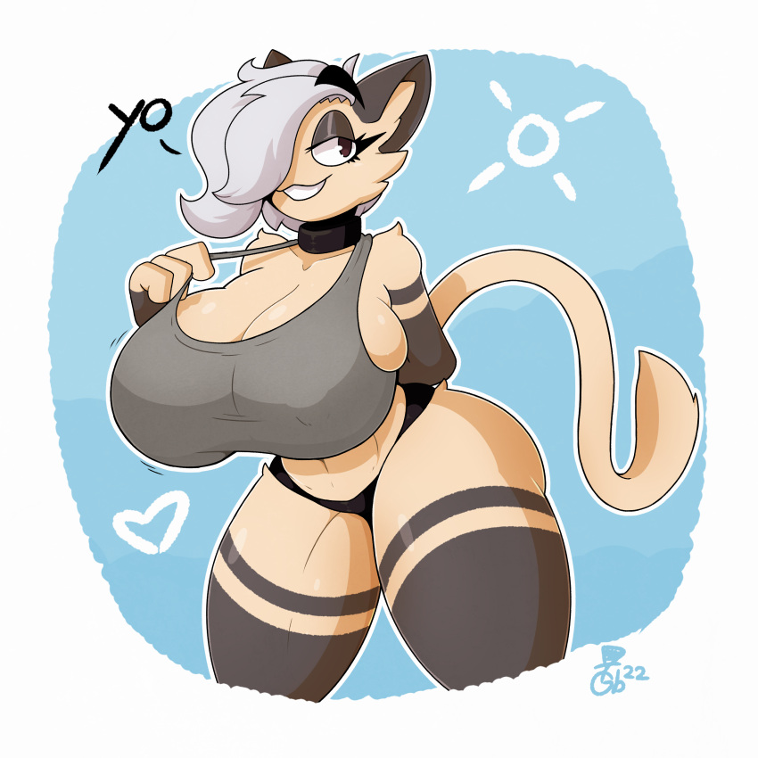 absurd_res big_breasts breasts cleavage clothed clothing collar domestic_cat felid feline felis female grey_hair hair hair_over_eye hi_res huge_breasts leash mammal nipple_outline one_eye_obstructed solo thegentlebro