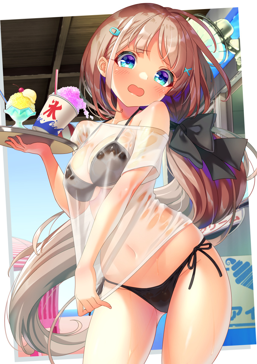 1girl absurdres bangs beach beach_house bikini black_bikini blue_eyes blush border breasts brown_hair cleavage clothes_pull commentary_request cowboy_shot day electric_fan eyebrows_visible_through_hair food hair_ornament hair_ribbon hairclip highres holding holding_tray ice_cream long_hair medium_breasts moe2022 navel ocean open_mouth original ribbon see-through see-through_shirt shaved_ice shirt_pull side-tie_bikini sky solo standing swimsuit tray underboob very_long_hair wavy_mouth wet wet_clothes x_hair_ornament yoko-ya_manjirou