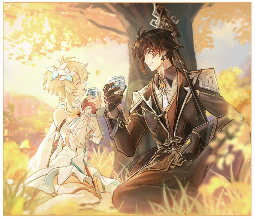 1boy 1girl bangs black_gloves black_hair black_pants blonde_hair boots breasts brown_hair chinese_commentary closed_eyes coat cup detached_sleeves dress earrings evening flower genshin_impact gloves gradient_hair grass hair_flower hair_ornament hetero highres jewelry leaf long_hair long_sleeves lumine_(genshin_impact) medium_breasts multicolored_hair orange_eyes outdoors pants parted_lips polearm ponytail single_earring sitting sky sparkle spear sumirou-kun thigh_boots thighhighs tree very_long_hair weapon white_dress white_flower white_footwear zhongli_(genshin_impact)