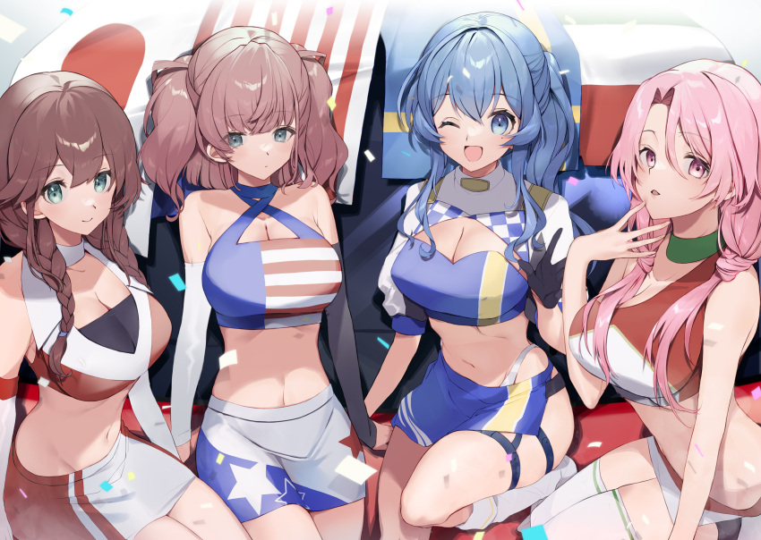 4girls alternate_costume alternate_hairstyle american_flag american_flag_print arm_warmers atlanta_(kancolle) bangs black_gloves blue_eyes blue_hair boots braid breasts brown_hair checkered_clothes cleavage cleavage_cutout clothing_cutout commentary confetti cowboy_shot crop_top eyebrows_visible_through_hair flag flag_print gloves gotland_(kancolle) green_eyes grey_eyes hair_between_eyes half_gloves halterneck high_heels highleg highleg_panties highres italian_flag japanese_flag kantai_collection large_breasts long_hair looking_at_viewer low_twintails luigi_di_savoia_duca_degli_abruzzi_(kancolle) midriff miniskirt mole mole_under_eye multiple_girls navel noshiro_(kancolle) official_alternate_costume open_mouth panties parted_lips picoli1313 pink_eyes pink_hair ponytail race_queen sidelocks sitting skirt sleeveless smile star_(symbol) swedish_flag swept_bangs thigh_strap thighhighs twin_braids twintails two_side_up underwear white_legwear white_panties