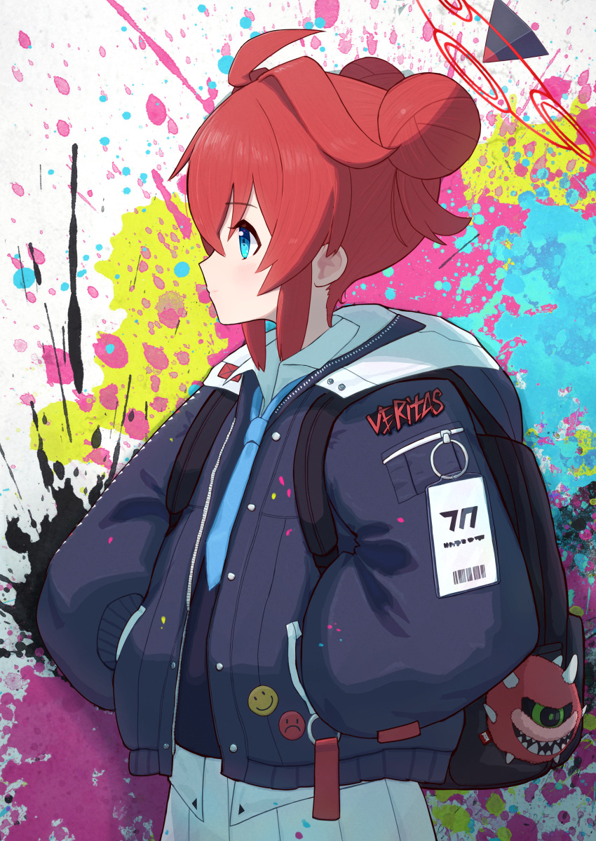 1girl absurdres backpack bag black_bag blue_archive blue_eyes blue_jacket blue_necktie closed_mouth collared_shirt double_bun eyebrows_visible_through_hair from_side hands_in_pockets highres hood hood_down hooded_jacket id_card jacket light_blush long_sleeves looking_ahead maki_(blue_archive) makolas97 multicolored_background necktie open_clothes open_collar open_jacket paint_splatter puffy_sleeves red_hair shirt skirt solo white_skirt