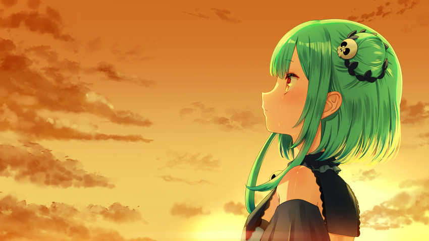 1girl bangs bare_shoulders blue_dress cloud commentary_request dress evening eyebrows_visible_through_hair from_side green_hair hair_bun hair_ornament highres hololive red_eyes skull_hair_ornament sky smile solo sunset uruha_rushia virtual_youtuber yasuyuki