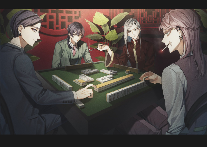 4boys black_eyes black_hair black_jacket black_pants black_suit blue_eyes cigarette closed_mouth cowboy_shot earrings formal green_jacket green_suit green_vest haitani_ran haitani_rindou highres holding holding_pipe indoors jacket jewelry kokonoi_hajime letterboxed long_hair long_sleeves mahjong mahjong_table mahjong_tile male_focus mouth_hold multicolored_hair multiple_boys necktie ori_x_000 pants pink_hair pipe profile purple_hair purple_pants purple_vest red_jacket red_necktie ring sanzu_haruchiyo scar scar_on_face shirt sitting smile smoking suit tokyo_revengers tsurime two-tone_hair vest white_hair white_shirt wide_sleeves