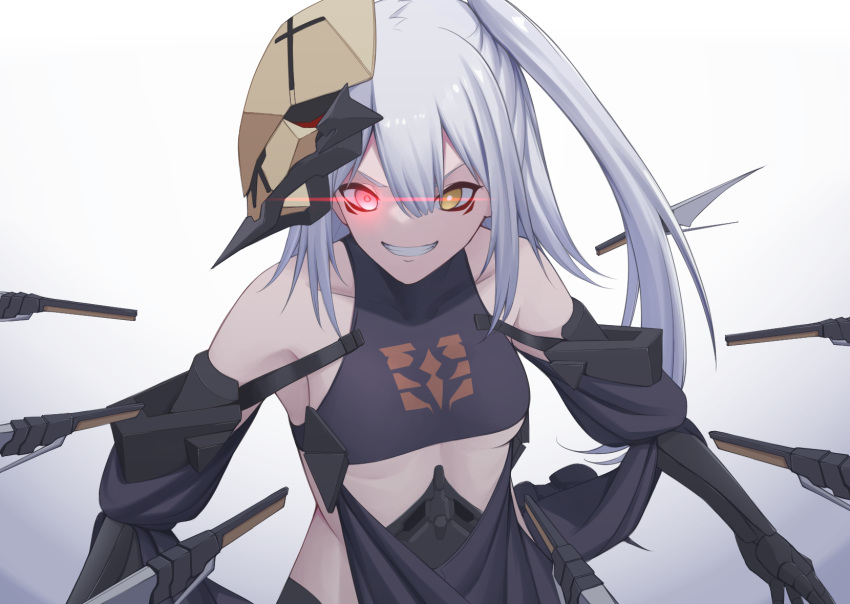 1girl act_(xadachit) girls'_frontline glowing glowing_eye heterochromia highres long_hair mask narciss_(girls'_frontline) nyto_(girls'_frontline) paradeus red_eyes smile solo tagme white_legwear yellow_eyes