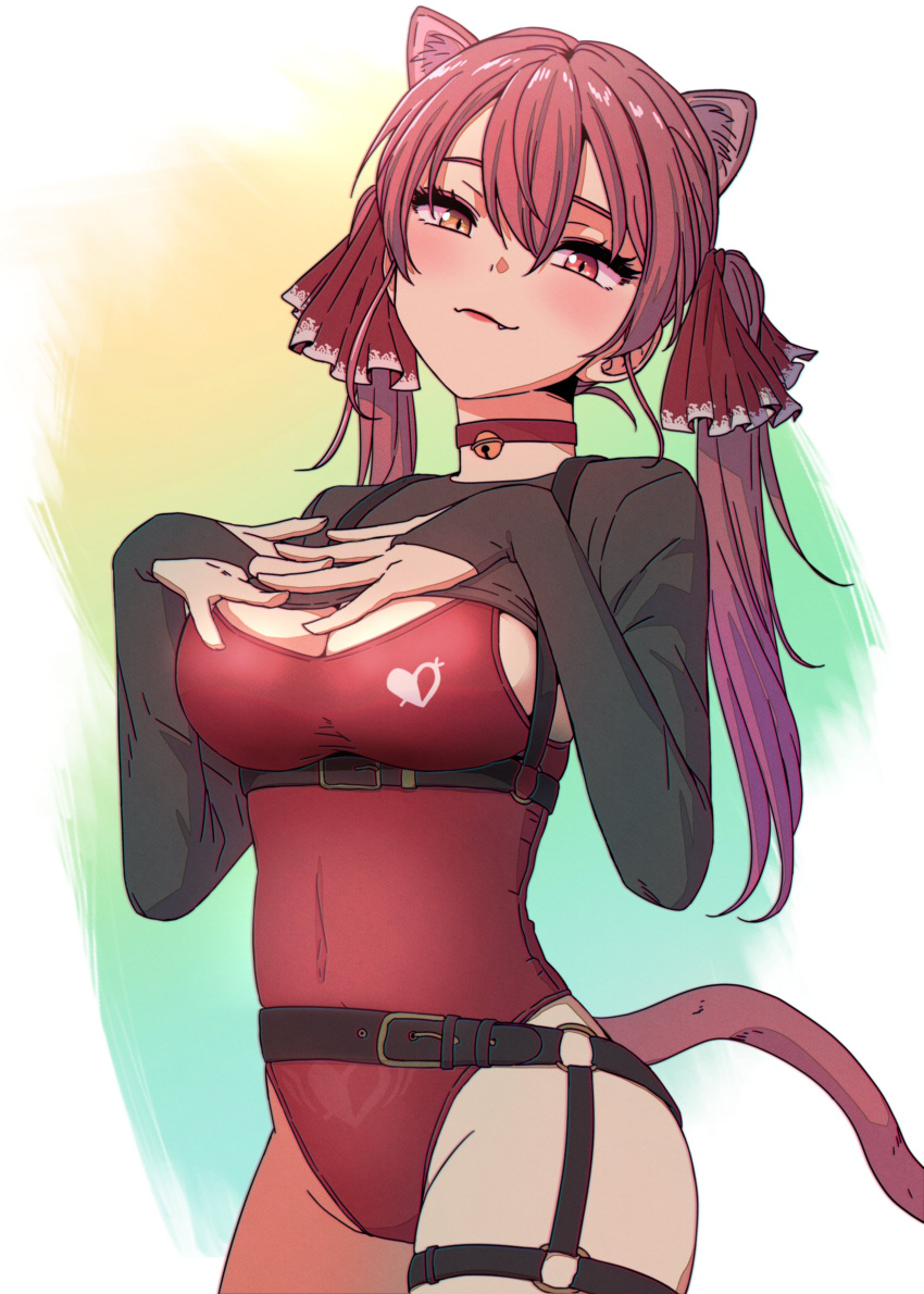 1girl absurdres animal_ears blush breasts cat_day cat_ears cat_tail closed_mouth commentary_request covered_navel drill_hair eyebrows_behind_hair fang fang_out heterochromia highres hololive houshou_marine jangmaseason large_breasts red_eyes red_hair ringlets tail twin_drills twintails virtual_youtuber yellow_eyes