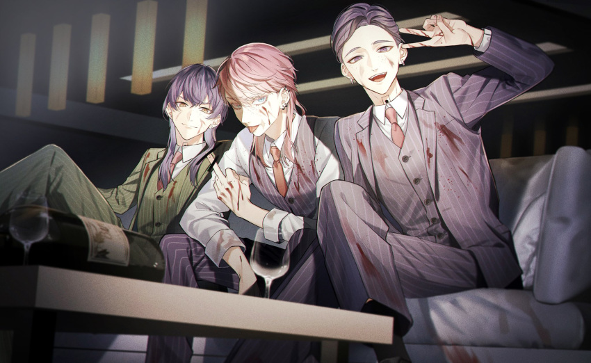 3boys bangs black_hair blood blood_on_clothes blood_on_face blue_eyes bottle closed_mouth collared_shirt couch cowboy_shot crossed_legs cup dress_shirt drinking_glass earrings formal green_jacket green_pants green_suit green_vest haitani_ran haitani_rindou hand_up highres indoors jacket jewelry long_sleeves looking_at_viewer male_focus middle_finger multicolored_hair multiple_boys neck_tattoo necktie open_mouth ori_x_000 pants pink_hair purple_eyes purple_hair purple_jacket purple_pants purple_suit purple_vest red_necktie sanzu_haruchiyo shirt short_hair sitting smile table tattoo tokyo_revengers tongue tongue_out two-tone_hair v vest white_shirt wine_glass