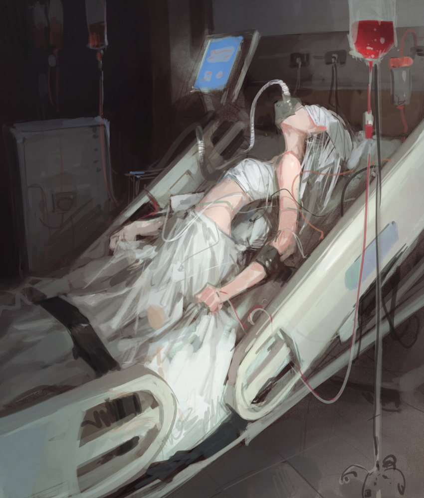 1girl bandages bed blood blood_bag dino_(dinoartforame) highres hospital hospital_bed iv_stand long_hair monitor original oxygen_mask restrained solo transfusion white_hair