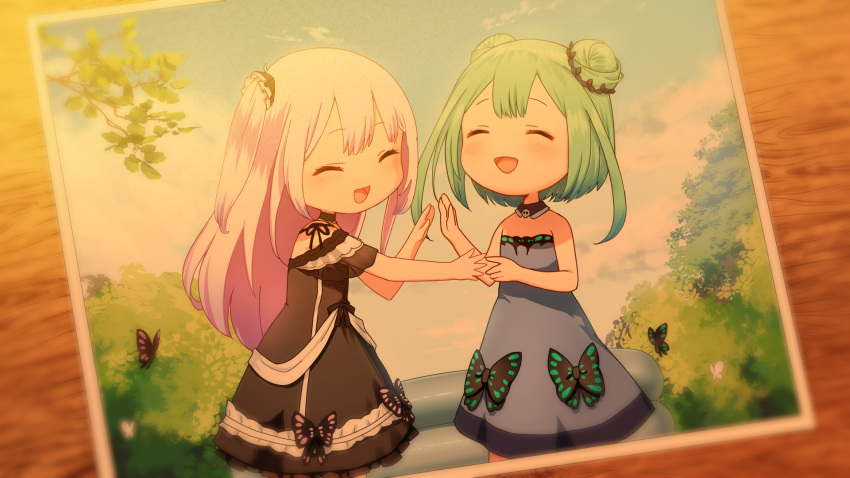 2girls bangs bare_shoulders black_dress blue_dress commentary_request double_bun dress dual_persona green_hair highres hololive long_hair multiple_girls open_mouth photo_(object) pink_hair sky solo uruha_rushia virtual_youtuber yasuyuki