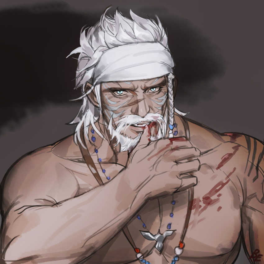 1boy bara beard blood blood_on_face blue_eyes boiled_egg27 facial_hair final_fantasy final_fantasy_xiv headband highres hyur large_pectorals long_hair looking_at_viewer lyon_rem_helsos male_focus mature_male muscular muscular_male mustache nipples old pectorals tattoo topless_male white_hair