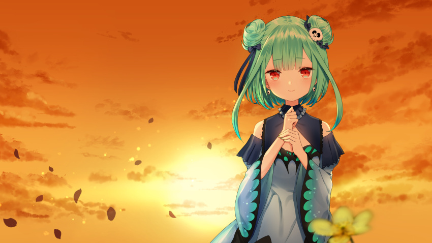 1girl bangs blue_dress cloud commentary_request double_bun dress evening eyebrows_visible_through_hair from_behind green_hair highres hololive looking_at_viewer red_eyes sky smile solo sunset uruha_rushia virtual_youtuber yasuyuki