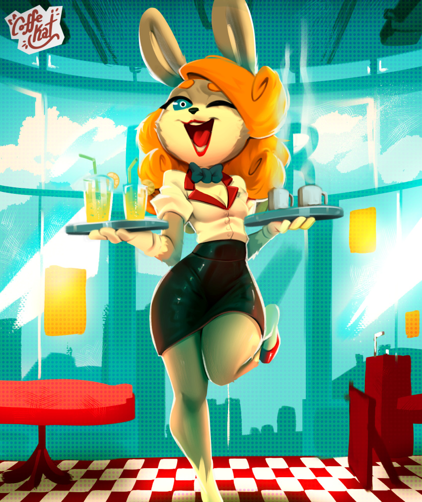 anthro beverage blue_eyes bottomwear breasts cleavage clothed clothing coffekitten female hair hi_res lagomorph lemonade leporid mammal open_mouth open_smile orange_hair rabbit skirt smile solo waiter