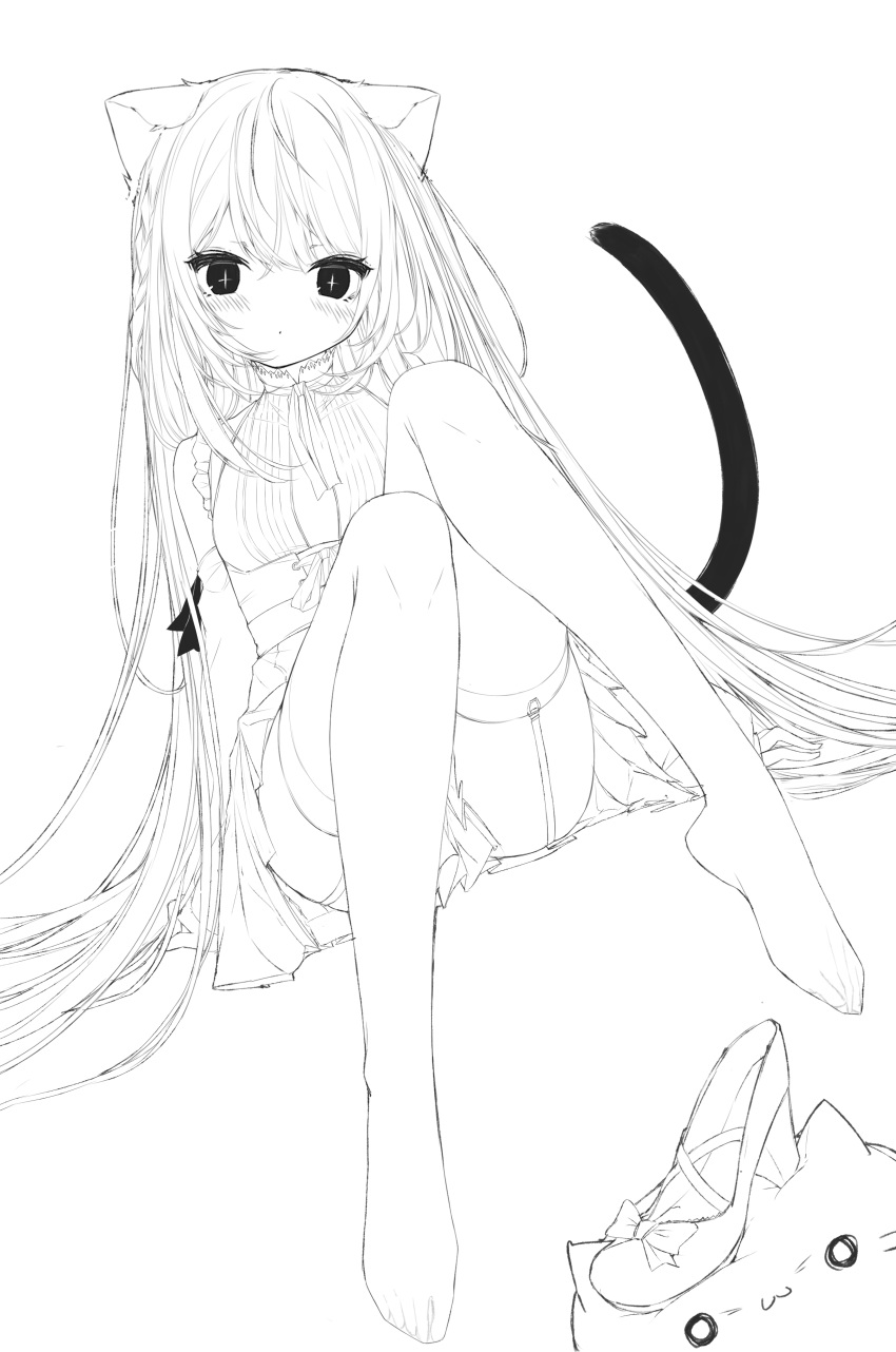 1girl absurdres animal animal_ears bangs bare_shoulders blush bow cat cat_ears cat_girl cat_tail closed_mouth commentary_request dutch_angle eyebrows_visible_through_hair garter_straps greyscale hair_between_eyes head_tilt high_heels highres jacket knees_up long_sleeves looking_at_viewer monochrome no_shoes open_clothes open_jacket original pleated_skirt shirt shoe_removed simple_background sitting skirt sleeveless sleeveless_shirt solo tail thighhighs white_background yuui_hutabakirage