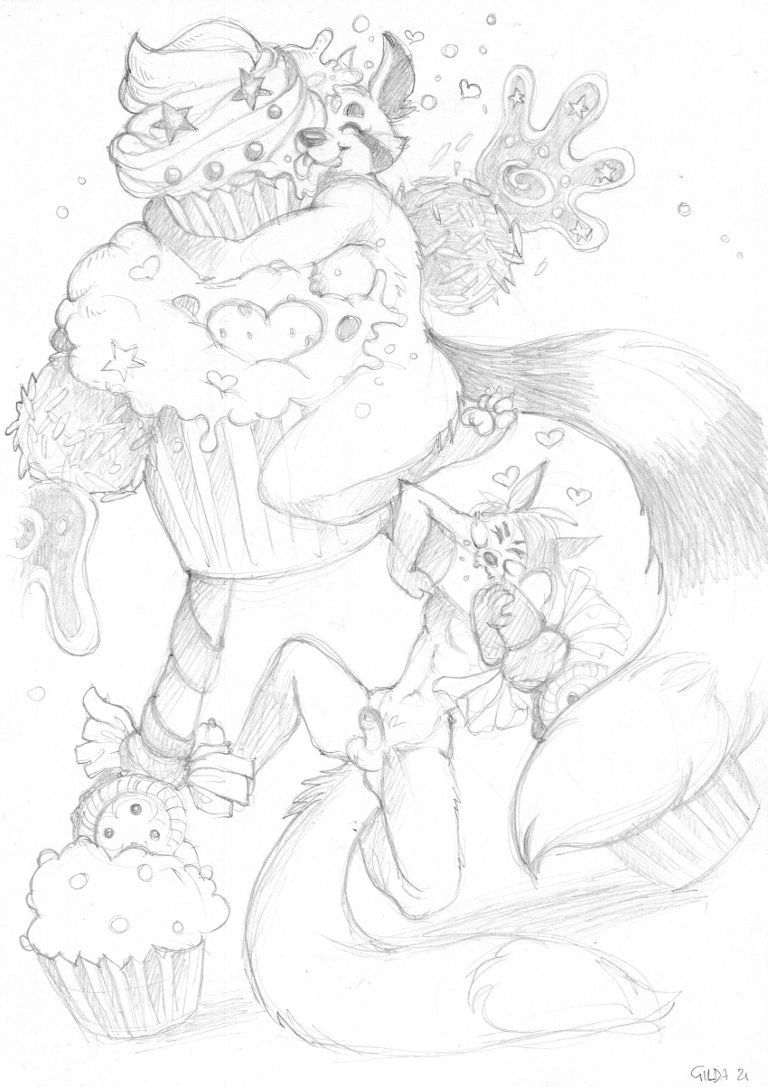 absurd_res ailurid alfred_(umpherio) anthro balls big_breasts breasts candy canid canine chubby_female dessert embrace female fight food food_creature fox genitals group hi_res hug kaguya_(umpherio) living_candy male male/female mammal monochrome monster nude penis red_panda sanssouci slightly_chubby