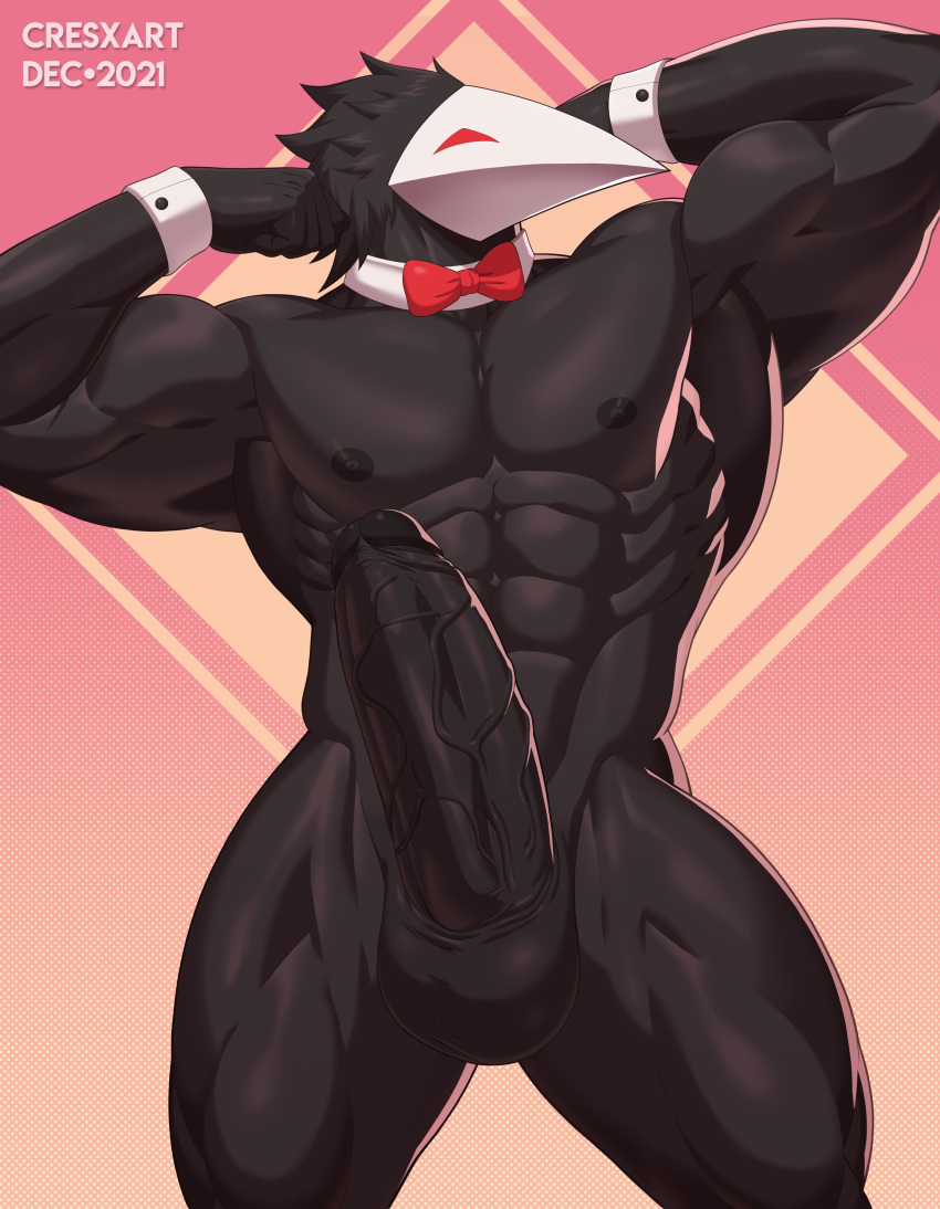 abs absurd_res anthro avian biceps big_penis black_body black_nipples bow_tie cresxart cuff_links darkner deltarune flexing genitals hi_res male muscular muscular_anthro muscular_male nipples pecs penis red_eyes solo swatchling thick_thighs undertale_(series) video_games