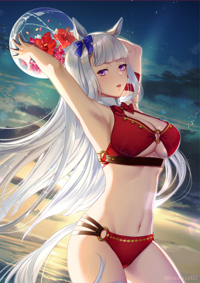 1girl adapted_costume akatsuki_(kuon) animal_ears armpits arms_up ball bangs bare_shoulders beachball bikini blunt_bangs bow bowtie breasts cleavage cloud cloudy_sky commentary_request cowboy_shot detached_collar ear_bow floating_hair gold_ship_(umamusume) gradient_sky groin highres holding holding_ball horse_ears horse_girl horse_tail large_breasts long_hair looking_at_viewer midriff multi-strapped_bikini navel no_headwear o-ring o-ring_belt o-ring_bikini ocean outdoors parted_lips purple_bow purple_eyes red_bikini red_bow red_bowtie silver_hair sky solo standing star_(sky) starry_sky sunset swimsuit tail teeth twitter_username umamusume underboob underbust upper_teeth
