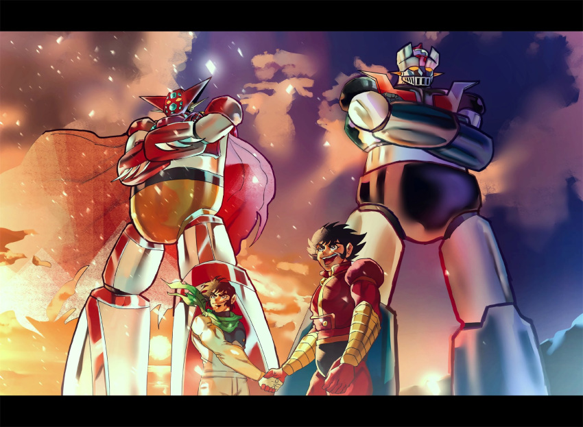 2boys black_hair brown_eyes brown_hair cloud crossed_arms crossover getter-1 getter_robo getter_robo_(1st_series) gloves hair_behind_ear handshake highres kabuto_kouji letterboxed looking_up mazinger_(series) mazinger_z mazinger_z_(mecha) mecha multiple_boys nagare_ryoma pilot_suit red_gloves sky slllle1 smile sunset super_robot yellow_eyes