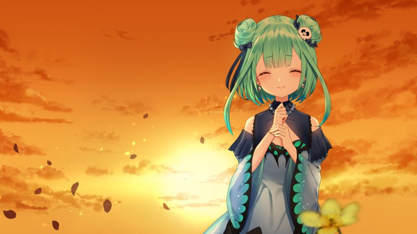 1girl bangs blue_dress closed_eyes cloud commentary_request double_bun dress evening eyebrows_visible_through_hair facing_viewer from_behind green_hair highres hololive sky smile solo sunset uruha_rushia virtual_youtuber yasuyuki