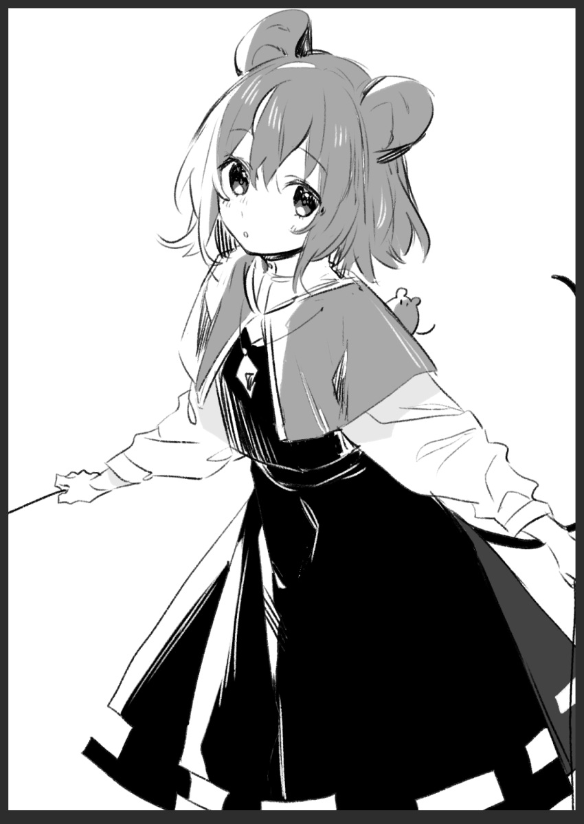 ._. 1girl :o akagashi_hagane animal animal_ears animal_on_back animal_on_shoulder bangs black_border blush border capelet cowboy_shot eyebrows_visible_through_hair from_side greyscale hair_between_eyes hatching_(texture) high_collar highres jewelry linear_hatching long_sleeves looking_at_viewer looking_to_the_side medium_skirt monochrome mouse mouse_ears mouse_girl mouse_tail nazrin nose_blush outstretched_arms parted_lips pendant puffy_long_sleeves puffy_sleeves short_hair sidelighting simple_background sketch skirt skirt_set solo standing tail tail_raised tareme touhou vest white_background