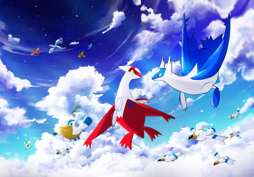 animal animal_focus articuno bird cloud cloud_focus commentary_request flying highres jade_0518h latias latios looking_at_another lugia moltres no_humans pelipper pokemon pokemon_(creature) rayquaza red_eyes scenery sky sky_focus sparkle star_(sky) starry_sky wingull yellow_eyes zapdos