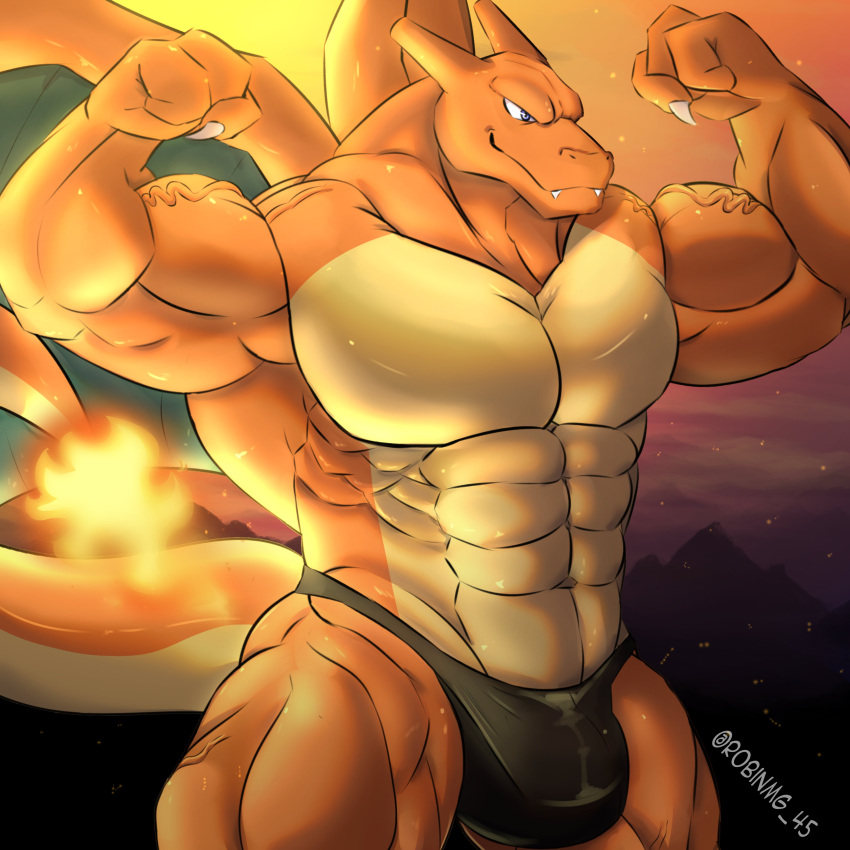 abs absurd_res anthro biceps blue_eyes charizard clothing dragon fire flexing hi_res male muscular muscular_anthro muscular_male nintendo orange_body pecs pok&eacute;mon pok&eacute;mon_(species) robinmg_45 scalie solo speedo swimwear teeth vein veiny_muscles video_games wings