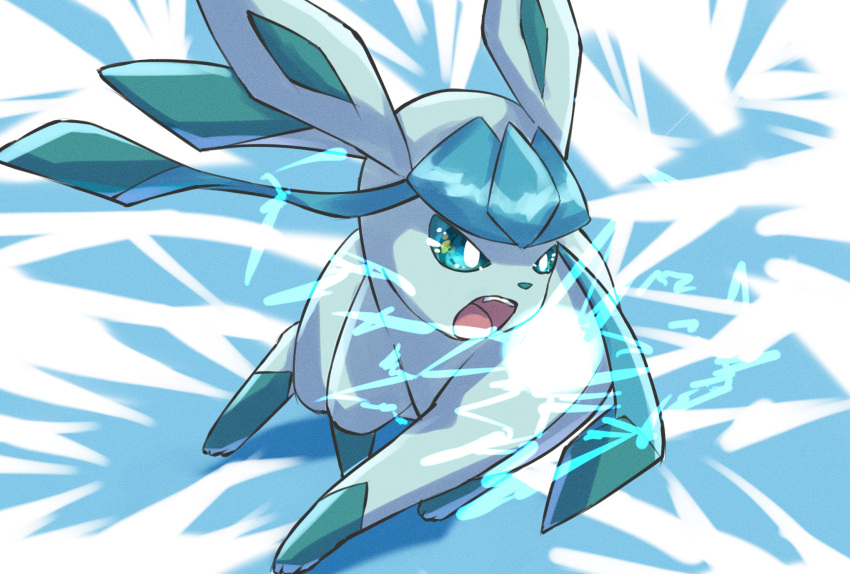 animal_focus bright_pupils commentary_request energy_ball glaceon green_eyes highres looking_to_the_side no_humans open_mouth pokemon pokemon_(creature) solo teeth tongue upper_teeth uyumaru_art white_pupils