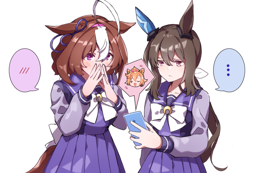 ... 3girls ahoge animal_ears bangs bow bowtie brown_hair cellphone closed_mouth gasp hand_to_own_mouth headband highres holding holding_phone horse_ears horse_girl horse_tail long_hair long_sleeves meisho_doto_(umamusume) multiple_girls nanaheibei_3 phone pleated_skirt ponytail purple_eyes purple_skirt sailor_collar school_uniform simple_background skirt smartphone spoken_blush spoken_character spoken_ellipsis t.m._opera_o_(umamusume) tail tracen_school_uniform umamusume upper_body white_background white_bow white_bowtie white_hair