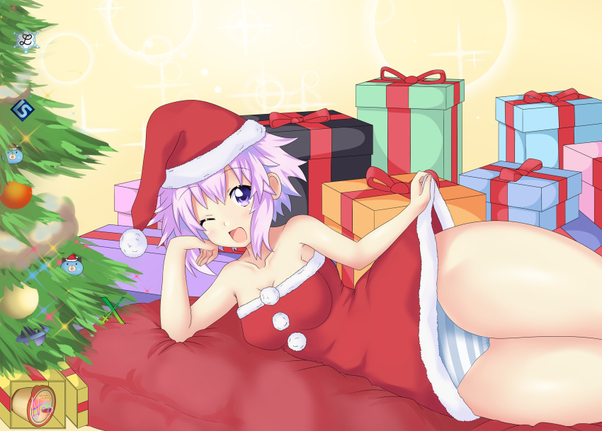 1girl :d ;d bare_shoulders blue_panties blush box breasts cameltoe christmas christmas_ornaments christmas_tree cleft_of_venus clothes_lift collarbone dimension252525 dogoo dress dress_lift english_commentary eyebrows_visible_through_hair food futon gift gift_box hand_on_own_chin happy hat head_rest highres large_breasts lens_flare looking_at_viewer lying neptune_(neptune_series) neptune_(series) on_side one_eye_closed open_box open_mouth panties pink_hair pudding santa_costume santa_hat short_hair smile solo striped striped_panties thighs underwear white_panties yellow_background