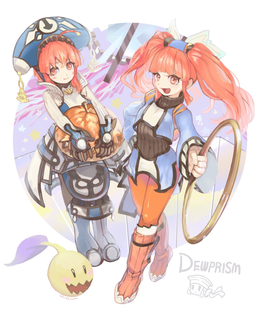 2girls chakram closed_mouth dewprism full_body gloves hat highres long_hair looking_at_viewer maya_(dewprism) mint_(dewprism) multiple_girls open_mouth orange_legwear pantyhose pink_hair pumpkin red_eyes red_hair rue_(dewprism) siblings sisters smile twintails ukidama weapon