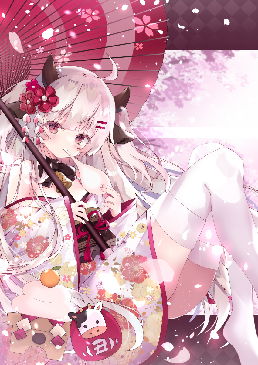 1girl absurdres ahoge animal_ears aoi_yugina bangs bell black_bow bow bowtie cherry_blossoms commentary cow_ears cow_horns eating eyebrows_visible_through_hair floral_print food fruit hair_ornament hairclip highres holding holding_food holding_umbrella horns japanese_clothes kimono leaning_back long_hair looking_at_viewer mandarin_orange mochi neck_bell obi off_shoulder oil-paper_umbrella original petals pink_eyes pink_kimono print_kimono sash short_kimono silver_hair sitting solo textless thighhighs two_side_up umbrella white_legwear wind