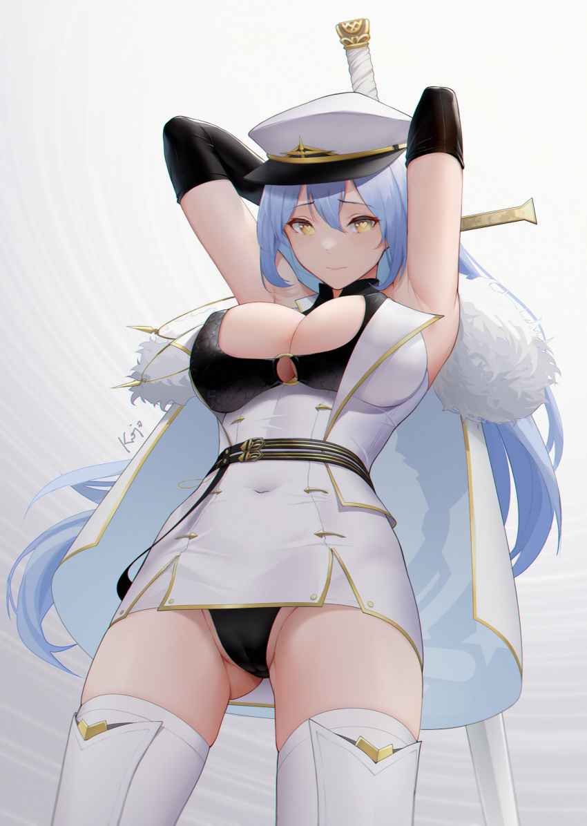 1girl arkhangelsk_(azur_lane) armpits azur_lane bangs black_gloves black_panties boots breasts cloak closed_mouth coat coat_dress dress elbow_gloves eyebrows_visible_through_hair feet_out_of_frame from_behind fur-trimmed_cloak fur_trim gloves heart heart-shaped_pupils highres holding holding_sword holding_weapon kojo_(0124) light_blue_hair long_hair looking_at_viewer medium_breasts panties silver_hair simple_background solo standing sword sword_behind_back symbol-shaped_pupils thigh_boots thighhighs underboob underwear weapon white_background white_cloak white_coat white_dress white_footwear white_headwear yellow_eyes