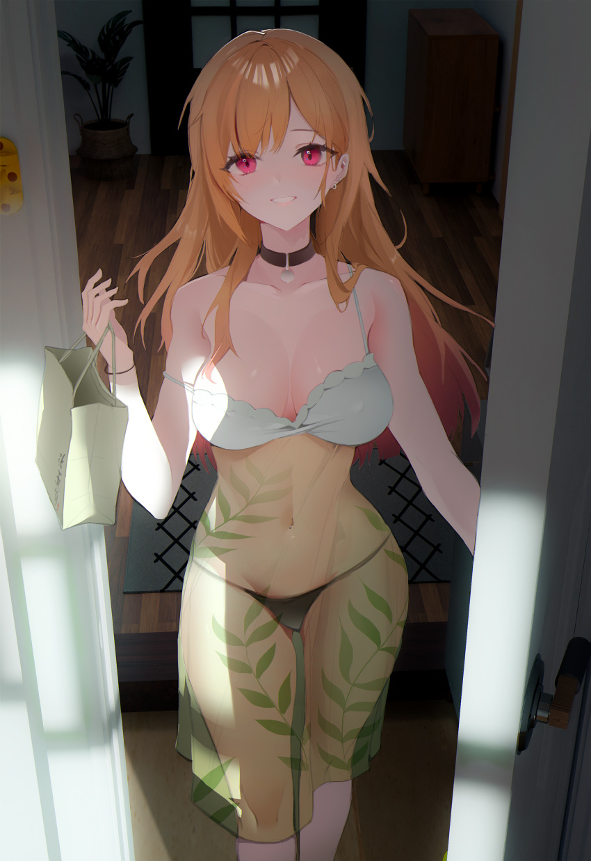 0_0_0 1girl absurdres bag bangs bare_shoulders black_panties blonde_hair breasts choker collarbone commentary covered_navel covered_nipples doorway ear_piercing earrings hand_up highres holding holding_bag indoors jewelry kitagawa_marin large_breasts long_hair looking_at_viewer panties parted_bangs parted_lips piercing pink_eyes plant see-through shadow shiny shiny_hair smile solo sono_bisque_doll_wa_koi_wo_suru standing strap_slip sunlight underwear wooden_floor