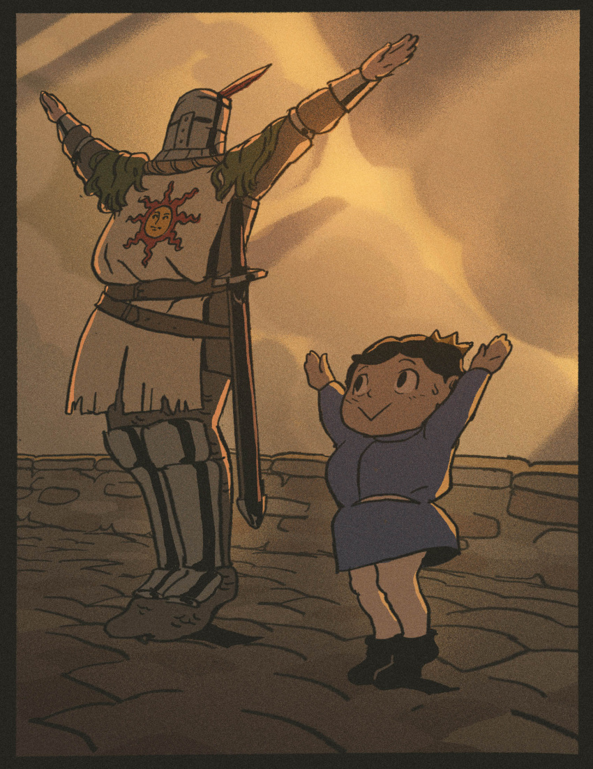 2boys :&gt; armor belt black_border black_hair blue_coat bojji border chainmail cloud cloudy_sky coat crossover crown dark_souls_(series) dark_souls_i english_commentary full_body gobert greaves helmet highres looking_at_another multiple_boys ousama_ranking outstretched_arms praise_the_sun sheath sheathed short_hair sky solaire_of_astora spread_arms standing sweatdrop sword tabard weapon