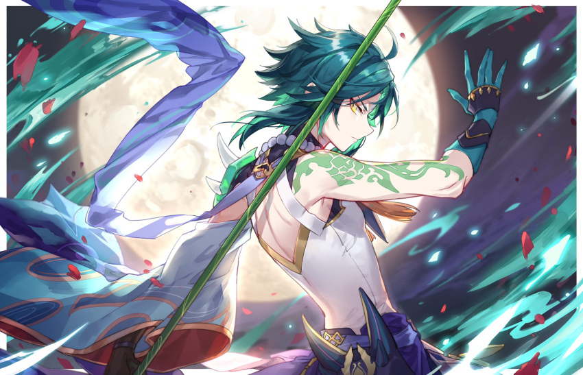 1boy arm_tattoo bangs bead_necklace beads blue_hair closed_mouth full_moon genshin_impact gloves green_hair highres hisehisekin holding holding_polearm holding_weapon jewelry makeup male_focus moon multicolored_hair necklace polearm profile solo tassel tattoo twitter_username weapon xiao_(genshin_impact) yellow_eyes