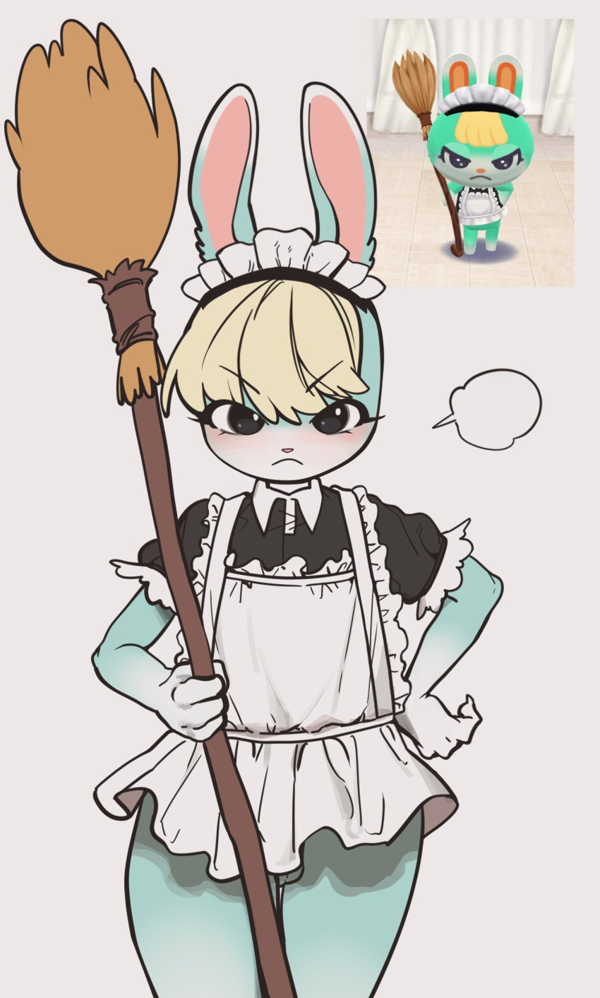 2022 angry animal_crossing anthro apron balls barely_visible_balls barely_visible_genitalia blush broom cleaning_tool clothed clothing crossdressing dress eyebrow_through_hair eyebrows eyelashes front_view frown fur genitals girly hair hand_on_hip headdress hi_res holding_object lagomorph leporid looking_at_viewer maid_headdress maid_uniform male mammal nintendo no_underwear photo pouting rabbit sasha_(animal_crossing) simple_background solo standing translucent translucent_hair tuft uniform video_games white_background yuio