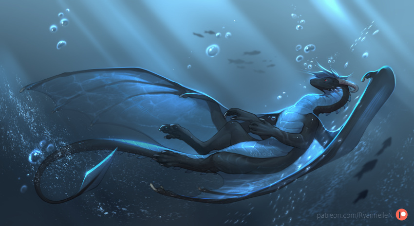 2022 4_toes absurd_res blue_body blue_scales blue_theme claws digital_media_(artwork) dragon feet hi_res horn kdromka membrane_(anatomy) membranous_wings paws scales scalie spines toes underwater water western_dragon wings