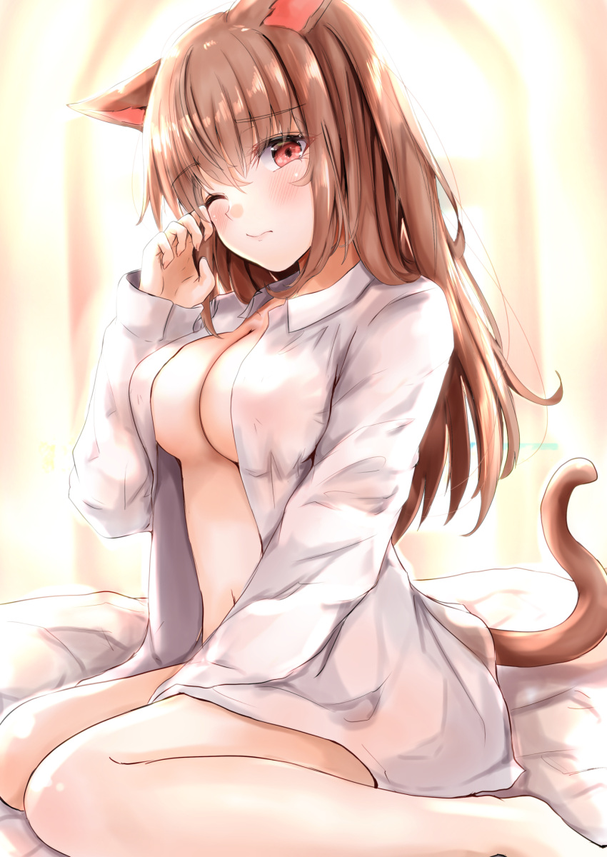 1girl animal_ears ayachanman bangs bed bed_sheet blurry blurry_background borrowed_garments breasts brown_hair cat_ears cat_girl cat_tail cleavage closed_mouth collared_shirt commentary_request dress_shirt eyebrows_visible_through_hair highres long_hair medium_breasts navel on_bed one_eye_closed original red_eyes rubbing_eyes shirt sidelocks sitting sitting_on_bed solo tail waking_up wariza white_shirt