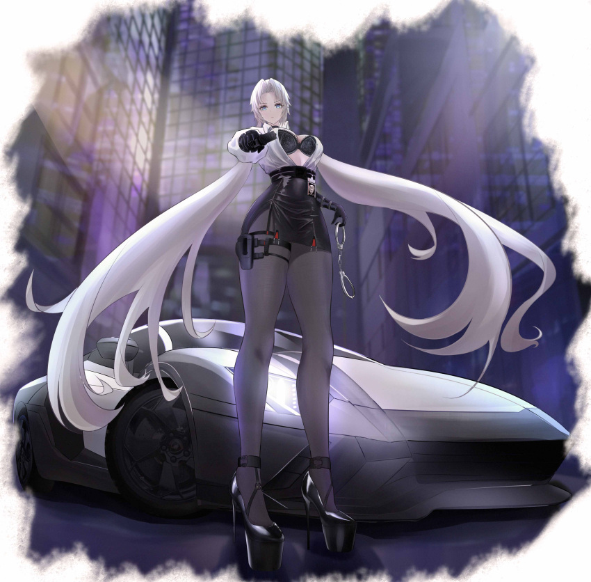 1girl absurdres azur_lane bangs belt black_belt black_bra black_choker black_footwear black_gloves black_legwear black_skirt blonde_hair bra breasts car choker city closed_mouth cuffs elbow_gloves eyebrows_visible_through_hair from_behind full_body gloves ground_vehicle gun handcuffs handgun high_heels highres holding holding_gun holding_handcuffs holding_weapon id_card kronshtadt_(azur_lane) kronshtadt_(begin_the_rush!)_(azur_lane) light_blue_eyes long_hair looking_at_viewer low_twintails magicc medium_breasts motor_vehicle open_clothes open_shirt pantyhose pencil_skirt pistol police police_uniform policewoman shirt skirt solo standing twintails underwear uniform very_long_hair weapon white_shirt