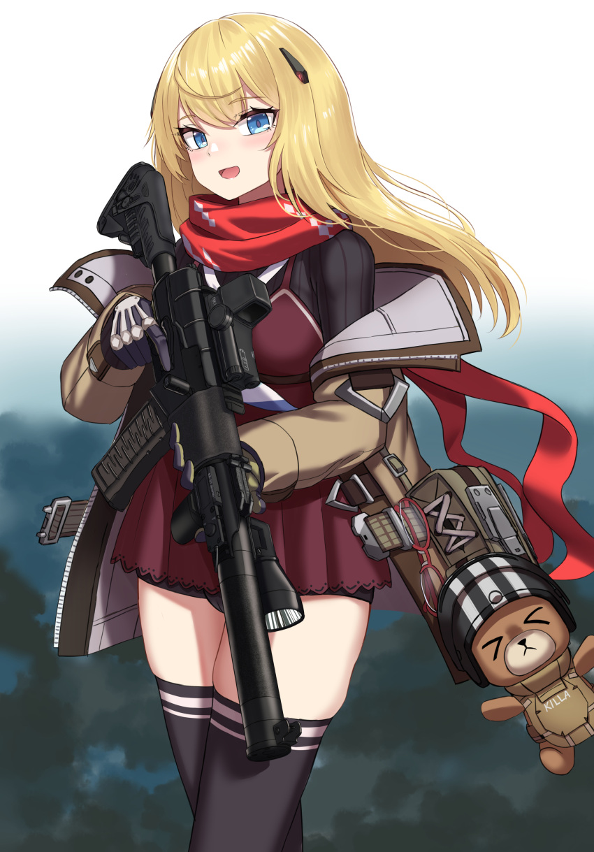 1girl absurdres as_val as_val_(girls'_frontline) assault_rifle black_legwear blonde_hair blue_eyes coat cowboy_shot dress eyebrows_visible_through_hair eyewear_hang eyewear_removed girls'_frontline glasses gloves gun hair_ornament highres holding holding_gun holding_weapon kalashnikov_rifle long_hair long_sleeves looking_at_viewer mod3_(girls'_frontline) open_clothes open_coat open_mouth red_dress red_scarf rifle scarf solo thighhighs weapon yakob_labo